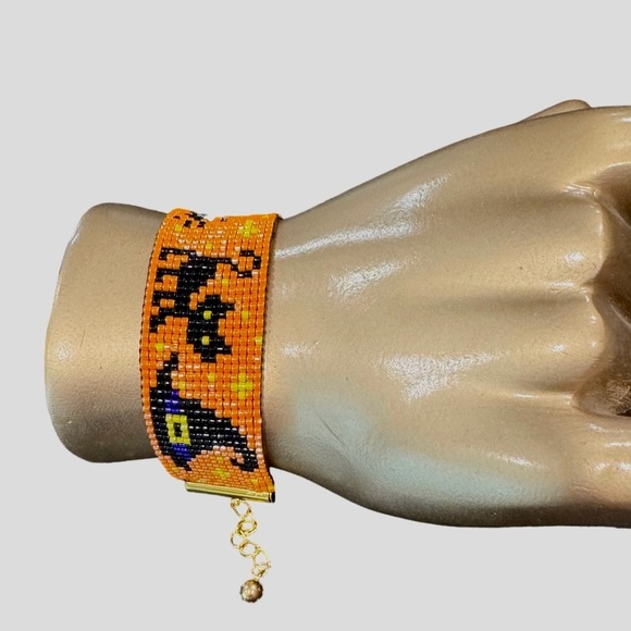 Handcrafted Halloween-Themed Adjustable Loom Cuff Bracelet Miyuki Delica Beads - Picture 7 of 9